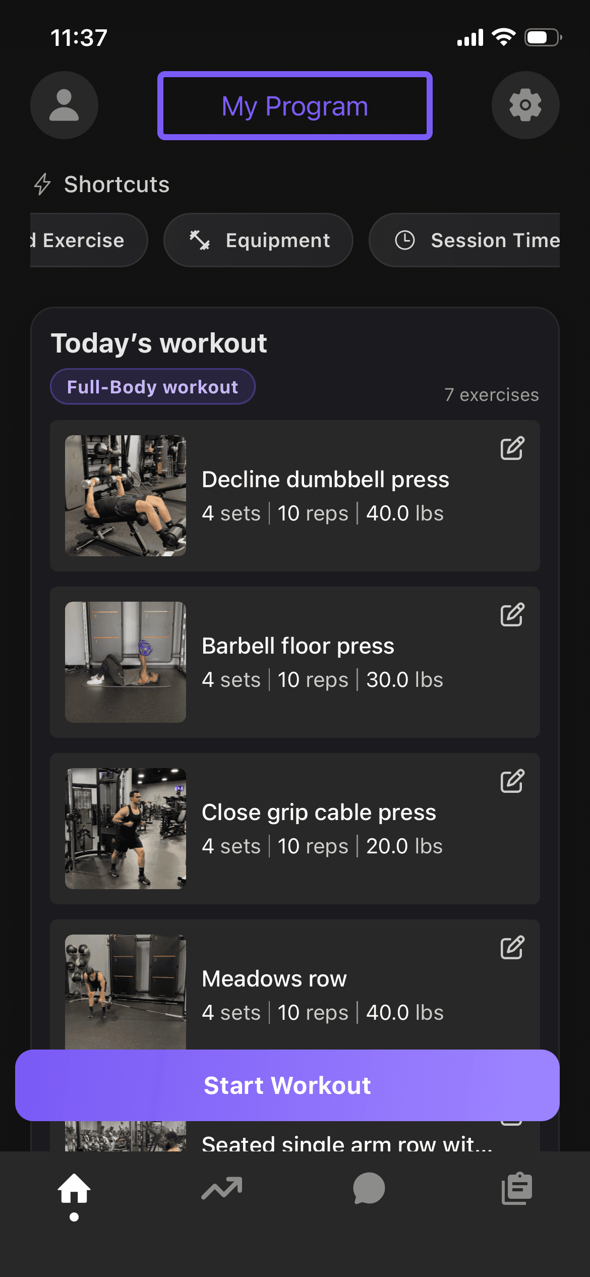 GenFit app workout screen